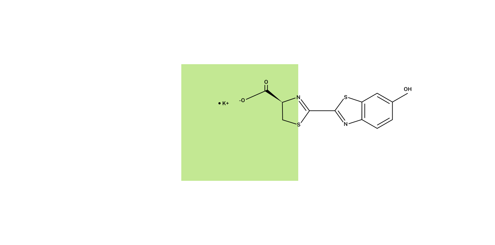 A green square sits in the background of the chemical structure of luciferin.